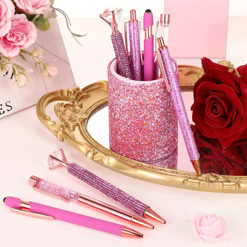 Sabary 8 Pcs Ballpoint Pens with Pen Holder, Metal Crystal Diamond Glitter Pencil Organizer for Women, Pink