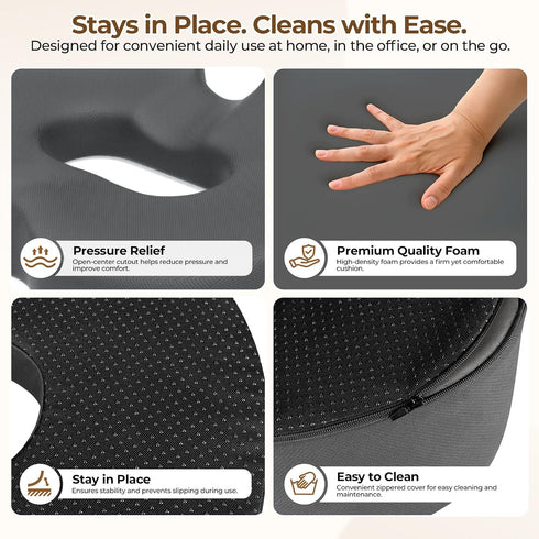 Tailbone, TushGuard Ergonomic Donut Pillow Seat Cushion with Raised Rear Support, Large Memory Foam Cushion