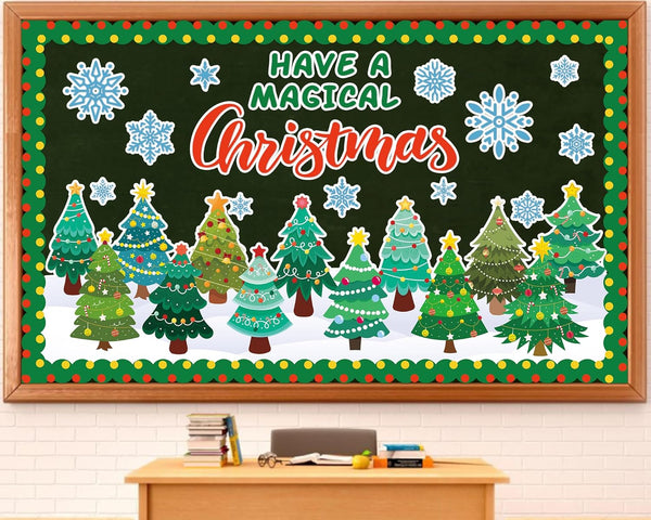Christmas Bulletin Board Decorations - Xmas Tree Paper Cutouts, Holiday Blackboard Border Kit for School Decor