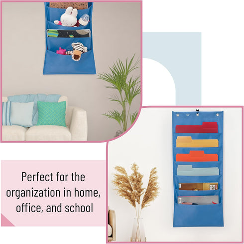 Mr. Pen Hanging Wall File Organizer, 6 Pocket Blue with 3 Overdoor Hangers