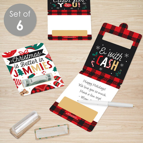 Set 6 Big Dot of Happiness Christmas Pajamas - DIY Assorted Holiday Plaid PJ Party Cash Holder Gift - Funny Money Cards