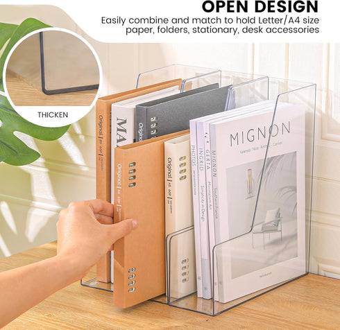 Vertical File Holder, Clear PET Desk Organizer for Magazines, Binders, Notebooks, Multi-purpose Document Storage