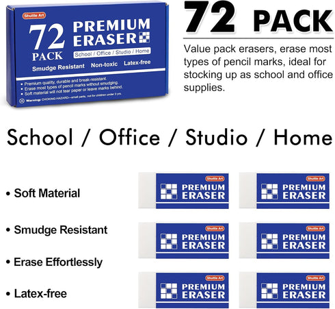 Shuttle Art 72 Pack Premium Erasers, Bulk White Erasers for Kids Teachers as School Supplies