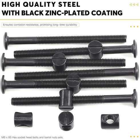 Mardatt M6 80mm 50PCS x Black Zinc Plated Hex Socket Cap Bolts Crib Bolts and Barrel Nuts Cross Dowel Replacement