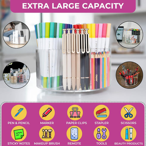 ALL ABOUT ACRYLICS 360 Acrylic Marker Organizer - Multipurpose Rotating Holder for Pencil, Pen, Makeup Brushes, Crayon