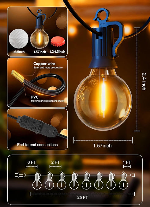 25FT 12+1 G40 Bulbs IP65 Dimmable Brightown Outdoor String Lights, Shatterproof Patio Lights, Waterproof Hanging