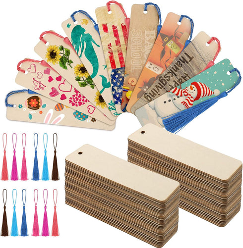 Zonon 36 Pieces Wood Bookmark Blank Bulk | Unfinished Bookmarks with Tassels for DIY Craft | Wooden Hanging Tag
