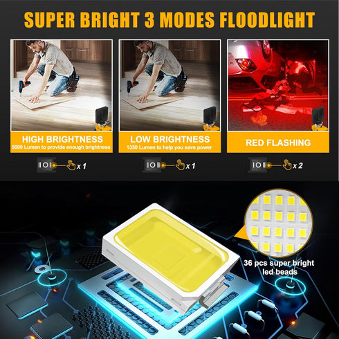 Cordless Work Light for Dewalt 18V 20V Battery, 5000LM Rotatable Underhood Work Light with USB Charging