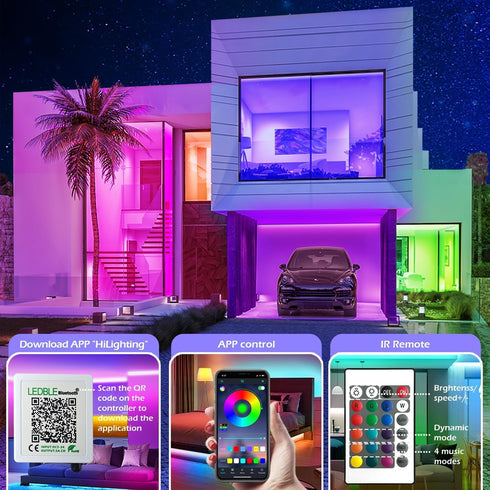 65.5FT 5050 Led Strip Lights,Long Smart Led Light Strips Music Sync RGB Color Changing Rope Lights,Bluetooth APP/IR