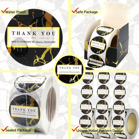 Thank You for Supporting My Small Business – Black Marble Stickers with Gold Foil – 1.5" Round, 400 Waterproof