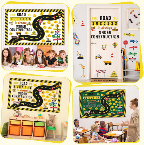 91 Pcs Construction Bulletin Board Decorations Road Cutouts Road to Success Bulletin Board Under Construction