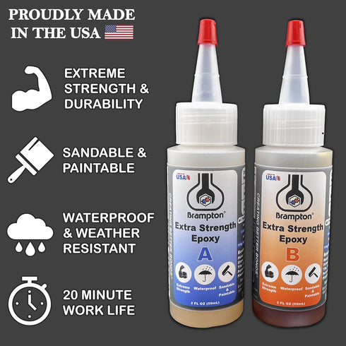Brampton Extra Strength Epoxy - Epoxy Glue Kit for Metal, Wood, Tile, Most Plastics & More - 20 Minute Work Life - Strong, Durable, Waterproof, Sandable, and Paintable Epoxy Resin (4 oz Kit)