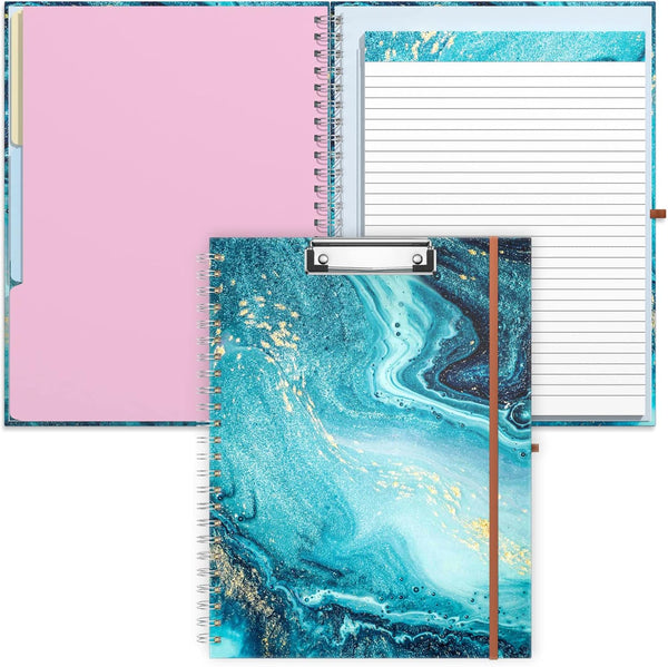 Rimilak Spiral Clipboard Folio with Refillable Lined Notepad, 14.5 x 9.8 Inch Teal Marble Clipfolio with 5 Pockets