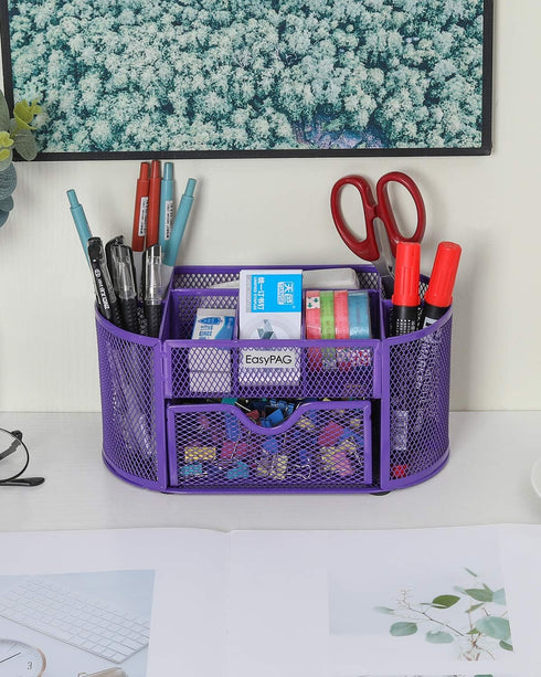 EasyPAG Desk Organizer, Mesh Caddy with Drawer for Office Supplies, Purple