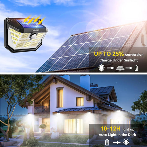 231 300 3 IP65 Garage(4 Pack) TECKNET LED Solar Motion Lights Outdoor, Angle & Lighting Modes, PIR Motion Sensor