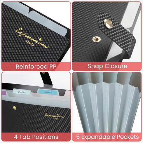 Sooez Accordion File Organizer, 5 Pocket Letter Size Expanding File Folder with Labels for Documents, Portable Paper