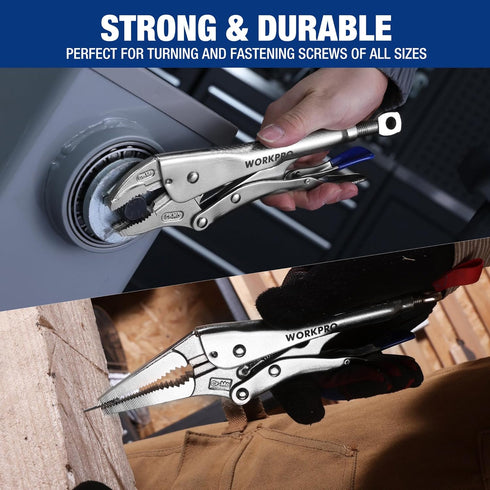 5-Piece Set, 5"/7"/10" 6.5"/9.5" WORKPRO Locking Pliers Curved Jaw & Long Nose, CR-MO Steel Construction