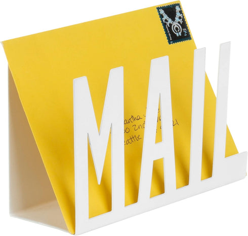 MyGift Modern White Metal Mail Holder, Countertop Organizer with Cutout MAIL Lettering Design for Office Desktop