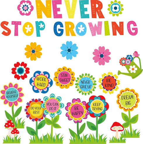 Funrous 90 Pcs Positive Bulletin Board Set, Summer Spring Classroom Theme Decor with Flower Cutouts