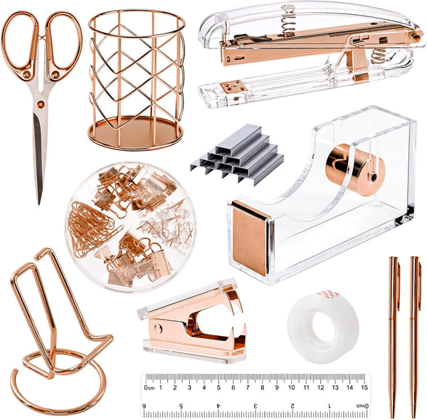 EOOUT Rose Gold Desk Accessories Set, Acrylic Stapler Set, Staple Remover, Phone Holder, Pen Holder
