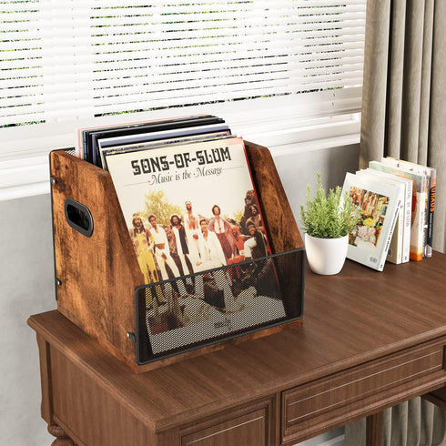 Homeiju Vinyl Record Storage, Metal & Wooden LP Record Crate, Holds up to 60 Records, Desktop Box Case