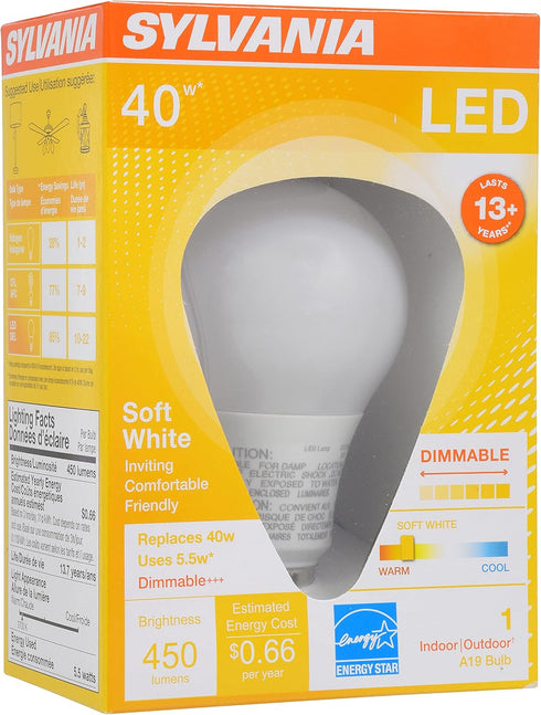 A19 Bulb, 5.5W, 40W 13 Dimmable, 450 2700K, 1 Pack (74688) Sylvania LED Light Equivalent, Year, Lumens. Soft White