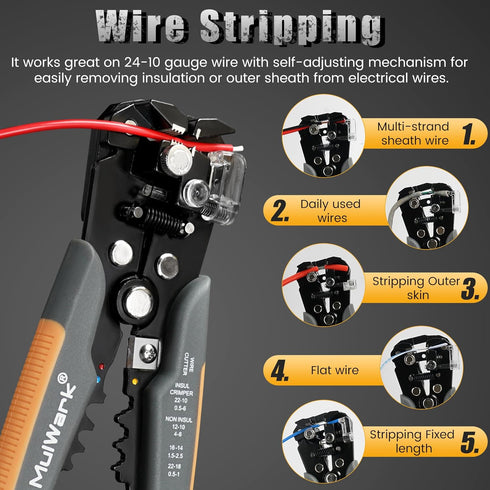 3-In-1 Multi Self Adjusting Wire Stripper/Cutter/Crimper - 8-Inch Universal Wire Stripper for Wire Stripping, Cable Cutting, Crimping Tools from 10 AWG to 24 AWG by MULWARK