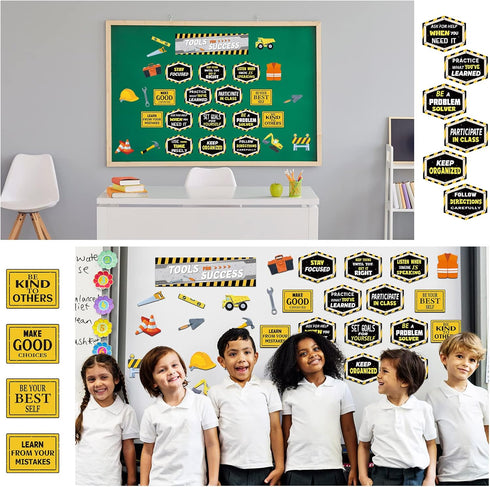 PerKoop 76 Pcs Construction Bulletin Board Set, Classroom Decor Tools for Success with Positive Saying Accents