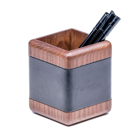 Dacasso Walnut and Leather Luxury Cup Storage & Office Accessories, Elegant Pen Organizer, Black