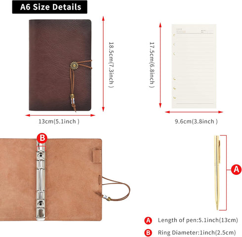Wonderpool A6 Leather Journal, Refillable 6 Ring Binder Notebook with Lined Paper and Pen (Maroonpink)