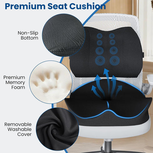 Hsypti Tailbone Seat Cushion Lumbar Support Pillow for Office Chair, X Large Memory Foam Chair Cushions for Sciatica
