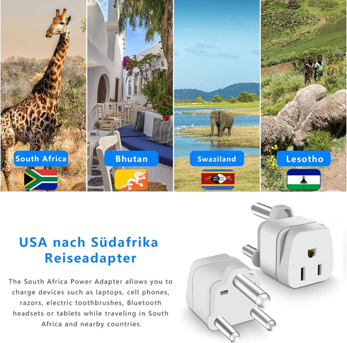 South Africa Travel Plug Adapter, 3 Prong Safe Grounded USA to Type M for Botswana, Nepal, Pakistan, Namibia, White