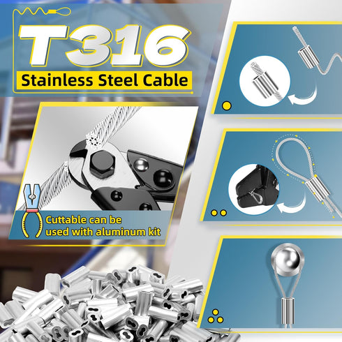 316 400FT 1/32IN 100Pcs Stainless Steel Cable, Wire Rope with Aluminum Sleeves Stops, for String Lights Hanging