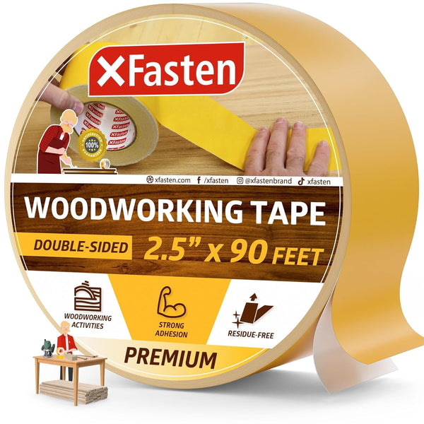 XFasten Double Sided Woodworking Tape, Yellow Backing, 2.5 Inches x 30 Yards