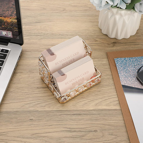 Hipiwe 2 Tiers Crystal Business Card Holder Stand, Gold Mirrored Display Stand for Office Countertop
