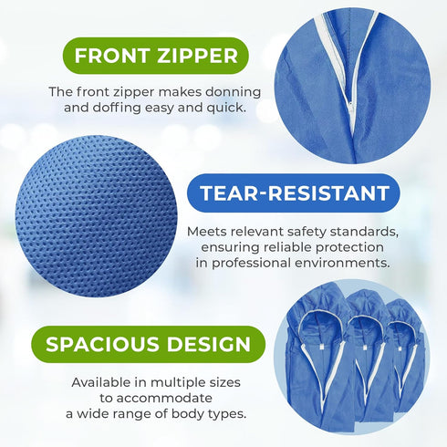 Pack 5, 50 AMZ Medical Supply Disposable Coveralls with Hood, Medium, Blue, of GSM SMS Fabric, Front Zipper, Elastic