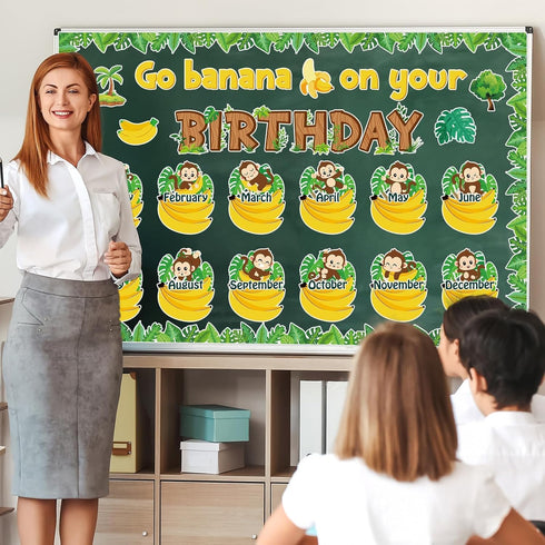 Jungle Theme Monkey Birthday Bulletin Board Set Happy Birthday Chart Cutouts Safari Decorations for Preschool Classroom