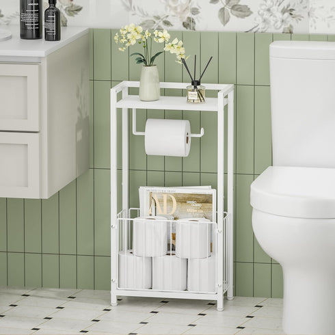X-cosrack Freestanding Toilet Paper Holder with Storage Shelf - All-in-One Toilet Roll Dispenser and Organizer