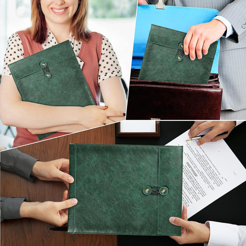 Green A4 PU Leather File Folders - 3PCS Document Organizer with String Tie Closure, Laptop Sleeve Notebook Case