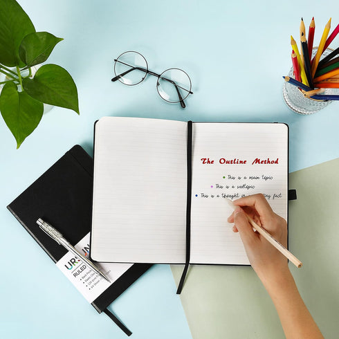 Ruled Notebook/Journal - Classic Lined Journal/Notebook, 5.3" x 8.26", Hardcover with Thick Paper, Banded + Pen Holder +Inner Pocket - Black