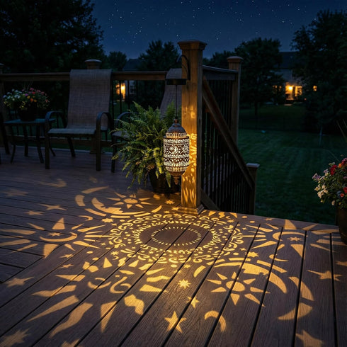 Hapjoy 1) Moroccan Hanging Solar Lights Outdoor Garden Decor Sun and Moon Decorations Solar Lantern Waterproof