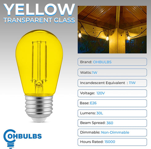 S14 Bulbs E26 1W Bulb Pack 4 OHLECTRIC Yellow LED with Base | Shatterproof LED Replacement | Ideal for Festive String