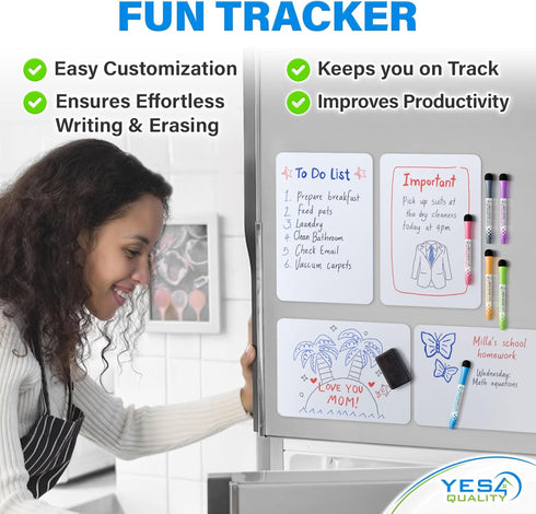 Magnetic Dry Erase White Board Sheet for Fridge (12x8"), Stain Resistant Technology w/ 6 Markers & Big Eraser with Magnet, Small Refrigerator Whiteboard Planner & Organizer by Yes4Quality by YES4QUALITY