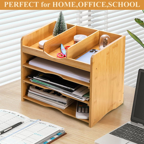 DEAYOU Bamboo Desk File Organizer, 13" Document Letter Tray Sorter with 2 Adjustable Shelves, 4 Tier Mail Organizer