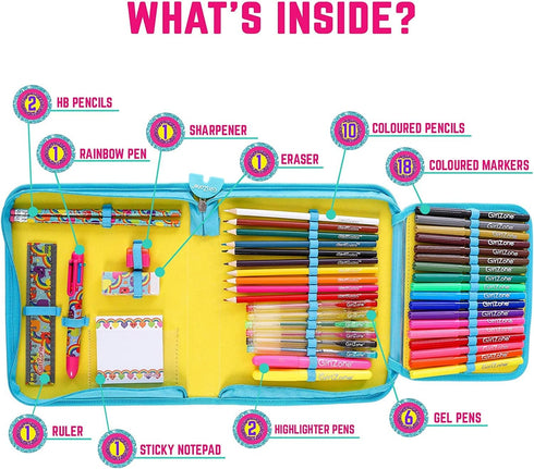 GirlZone Jumbo Rainbow Arts & Crafts Filled Stationery Pencil Case for Girls, 43 Pieces