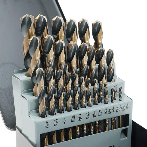29Pcs Cobalt Drill Bit Set, 135 Degree Tip High Speed Steel, Black and Gold Finish, Metal Indexed Storage Case
