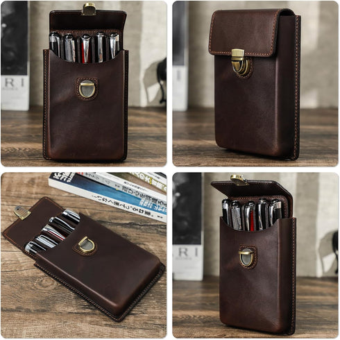 Top Grain Genuine Leather 5 Slot Pen/Pencil Tray Case Organizer, Handmade Vintage Design, Glossy Coffee