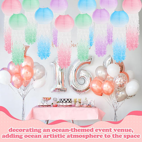 12Pcs (12) Windspeed Jelly Fish Paper Lanterns Blue Hanging Jelly Fish Paper Lanterns for Blue Ocean Theme, Beach