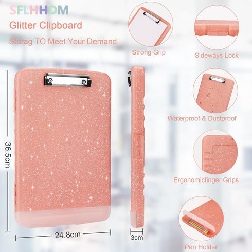 Glitter Clipboard with Storage, A4 Binder Clip Boards, 8.5x11 with Low Profile Clip, Sparkle Clipboards for Office