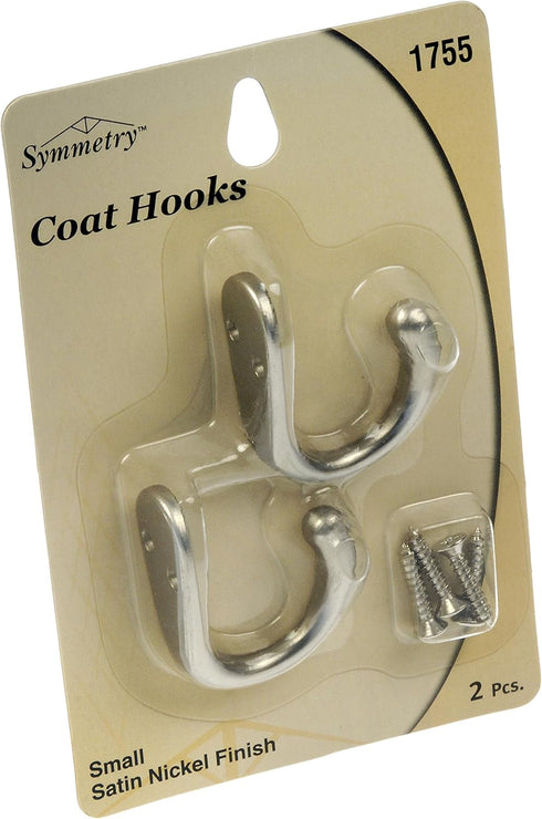 Dorman Hardware 4-1755 Single Coat Hooks, Satin Nickel Finish, Pack of 2